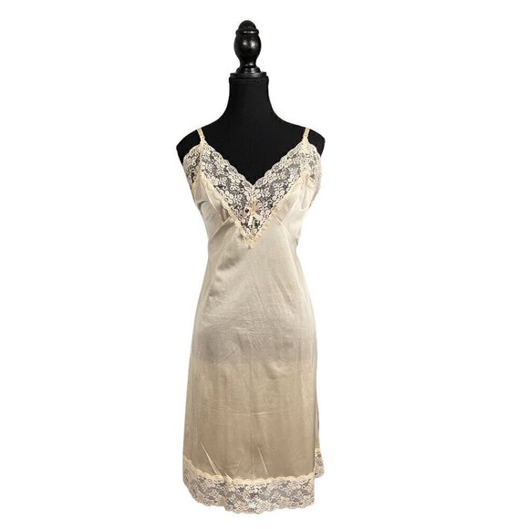 Vintage Other - Vintage Peachy Pink Slip Dress, 90s Nylon Lace Trim Nightgown, Size 38